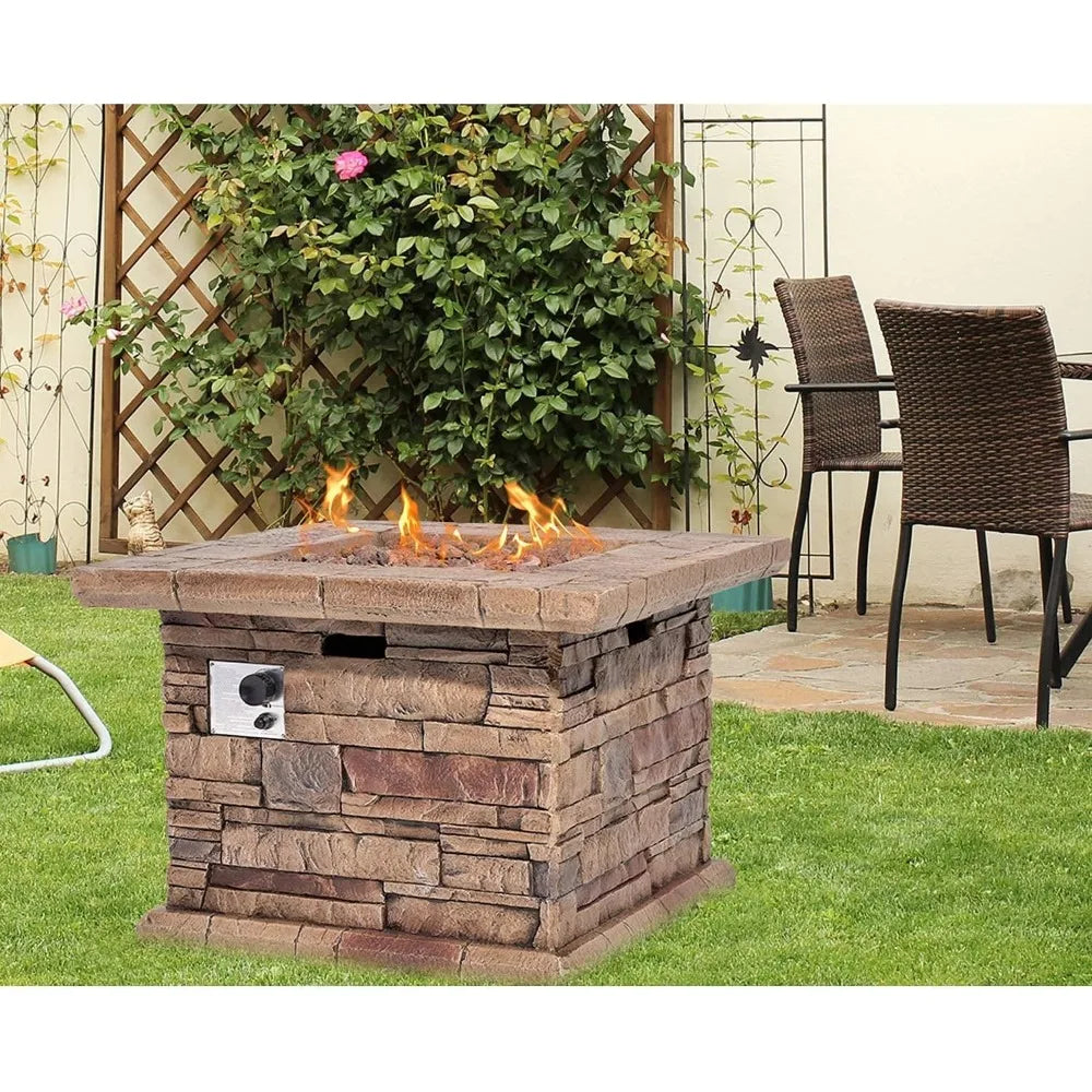 Outdoor Propane Fire Pit Table 32-inch Imitation Stone Square Concrete Propane Fire Pit with Lava Rocks and Rain Cover