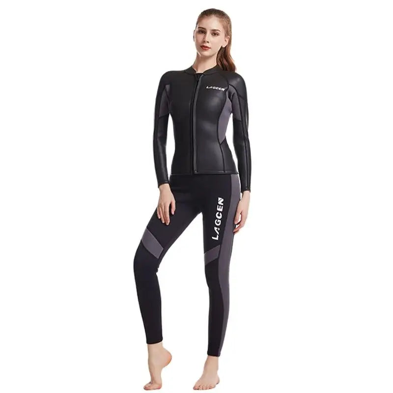 LAGCEN 2.5mm Neoprene Leather Wetsuit Women Long Sleeve Scuba Diving suit Female Surfing Snorkeling 2 pieces set Winter Swimsuit