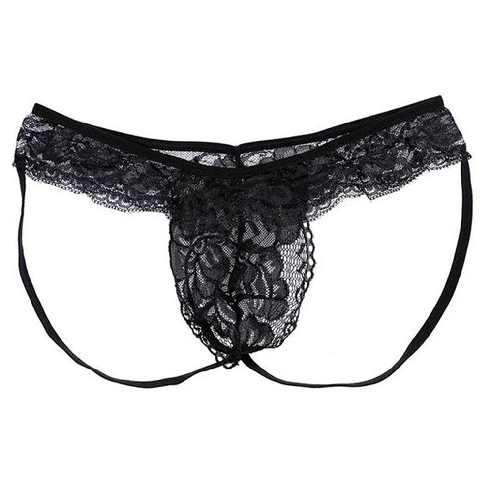 Men Lace See Through Sissy Gay Pouch Thong Briefs Underwear Hollow Transparent Sensual Panties Underpants Breathable Nightwear