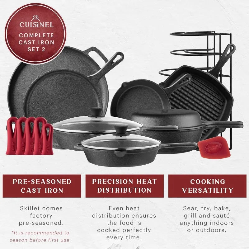 Cast Iron Cookware Set-8" Skillet+10"+12" Skillets with Lid+Grill Pan+Multi-Cooker+Flat Griddle+Pizza Pan+Pan Rack Organizer