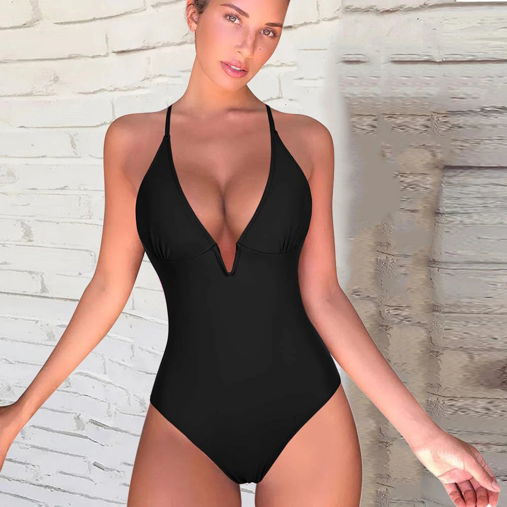 One Piece Swimsuit Women Push Up Beachwear Monokini Plus Size V-Neck Bikini Solid Bathing Suits Swimwear Swimsuit Woman 2023 New