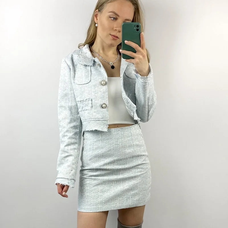 High Quality Female Elegant Skirt Suits 2023 New Autumn Tweed Two Piece Set Women Outfits Crop Top Mini Skirt Set Vetement Femme