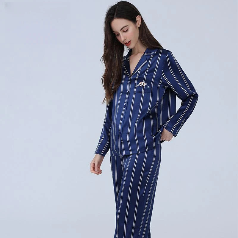 19MM pure silk pyjamas set stripe  lingerie 100% mulberry silk pajamas set luxury Sleepwear women's pajama pants Shirts