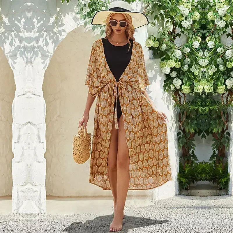 Bohemian Printed Summer Beach Wear Bikini Wrap Dress Tunic Summer Women Swimsuit Cover-ups