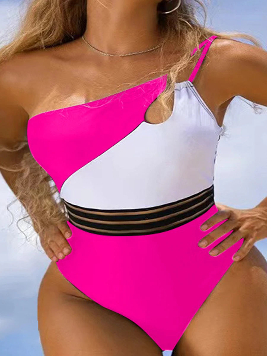 One Shoulder Cut Out Bikini Swimsuit Women Cloth Panel Patchwork Bodysuit Swimwear Female Surfing Sports Bathing Suit Beachwear