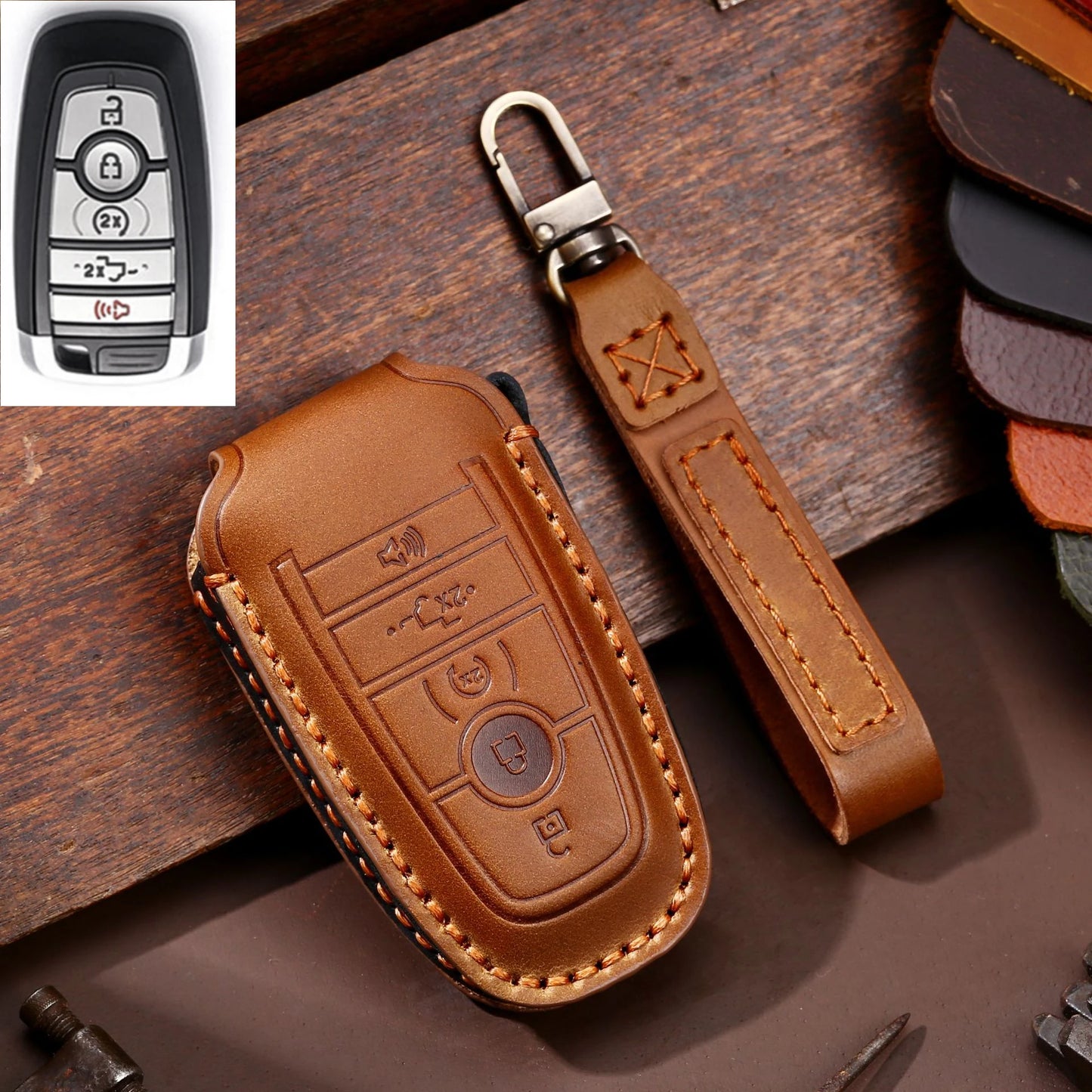 Leather Car Remote Key Case Cover For Ford Fusion Edge Mustang Explorer F150 F250 F350 Ecosport Protector Holder Shell Fob