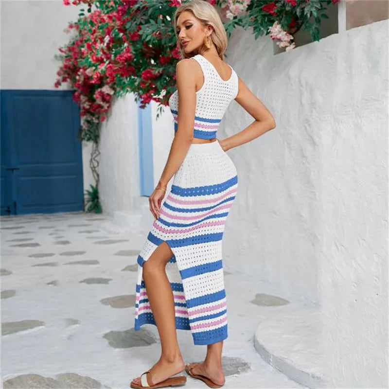 2 Pieces Set Women Sleeveless Knit Bikini Cover-up Crochet Swimsuit Crop Top Striped Skirt Swimwear High Waist Skirt Beach Dress