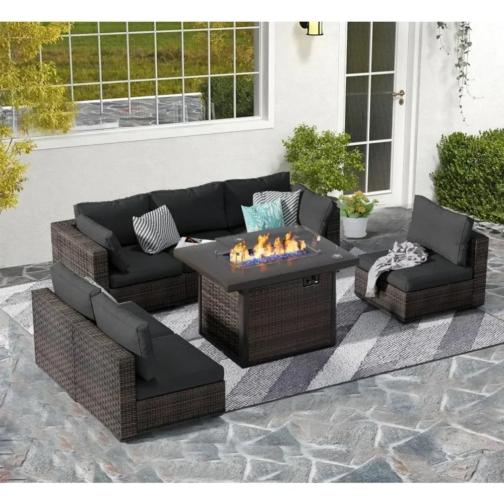 Garden Furniture 7 Pie Set with Fire Pit Table, Rattan Outdoor Patio Sectional Conversation Furniture Sets W/Seat Cushions