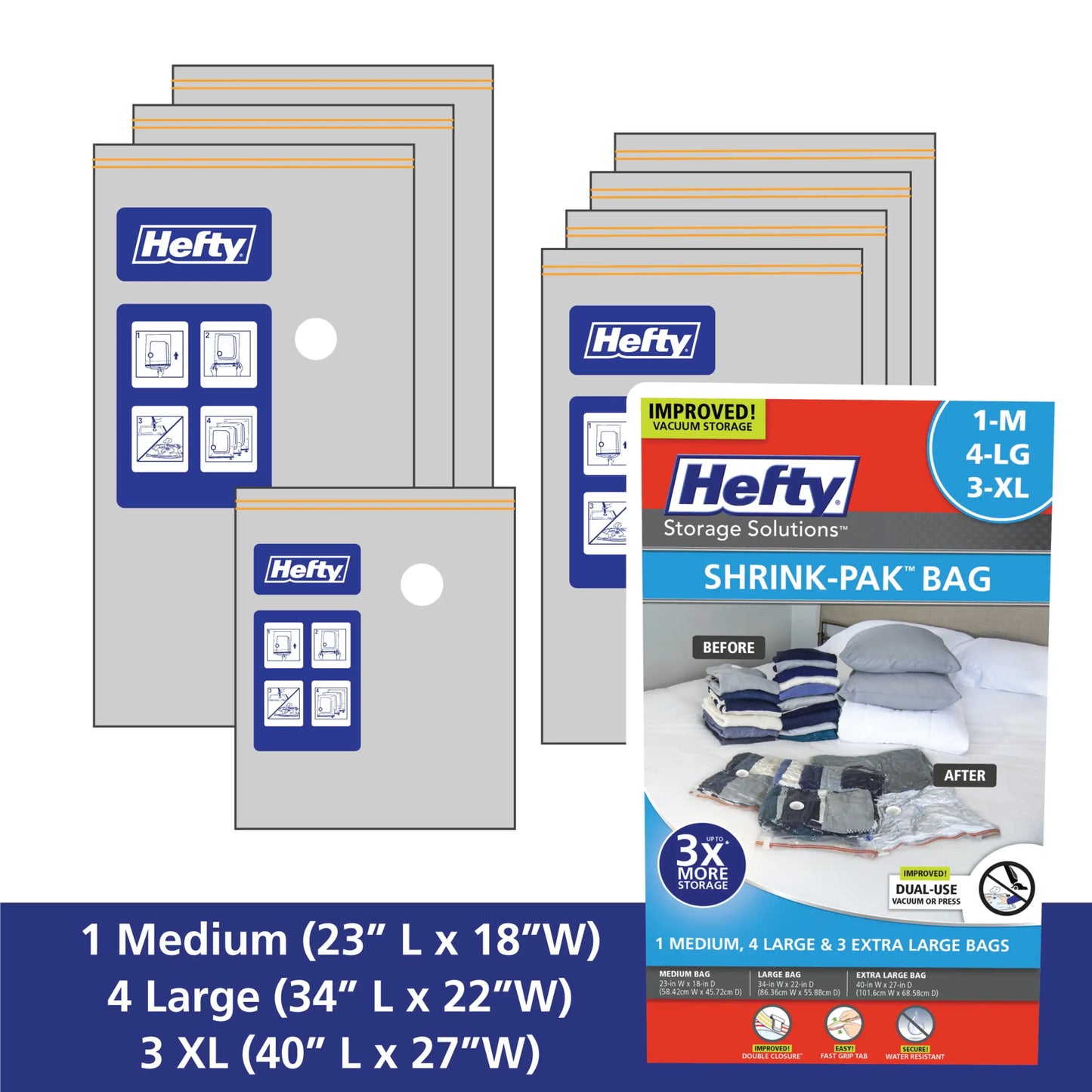 Hefty SHRINK-PAK 1 Medium, 4 Large, & 3 XL Vacuum Storage Bags