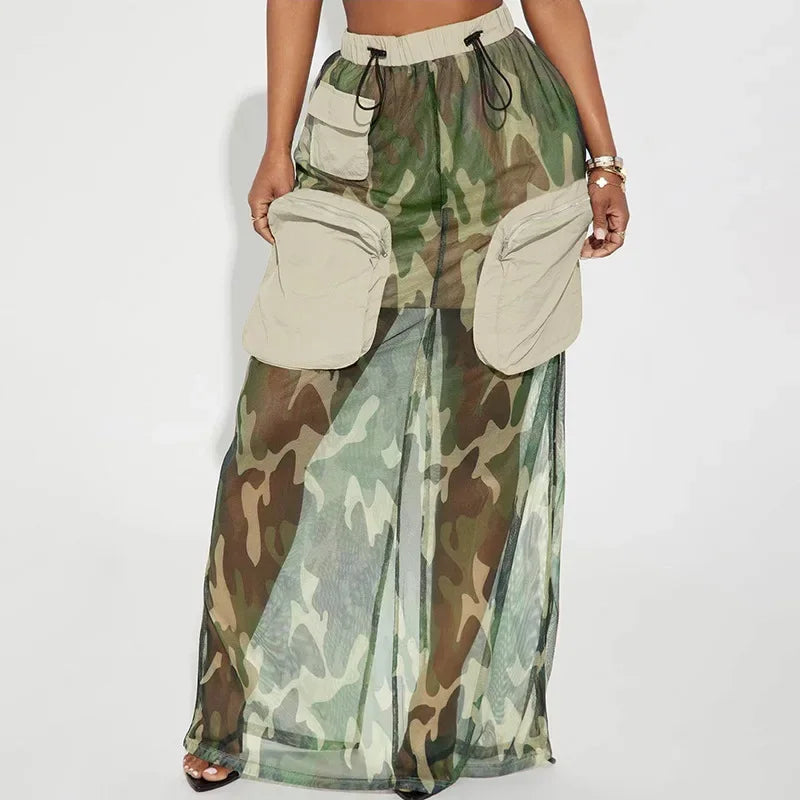 Street Fashion Women Camouflage Mesh Perspective Cargo Skirts Big Pockets Drawstring Skirts Patchwork Camo Long Baggy Skirts