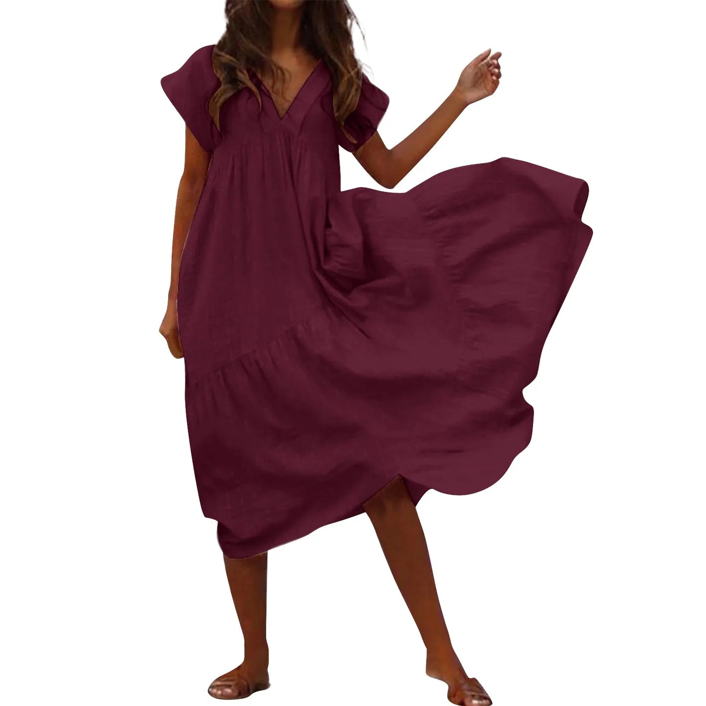 Elegant V-neck Short sleeves Solid Strapless Dress Irregular Hem Maxi Female Dress