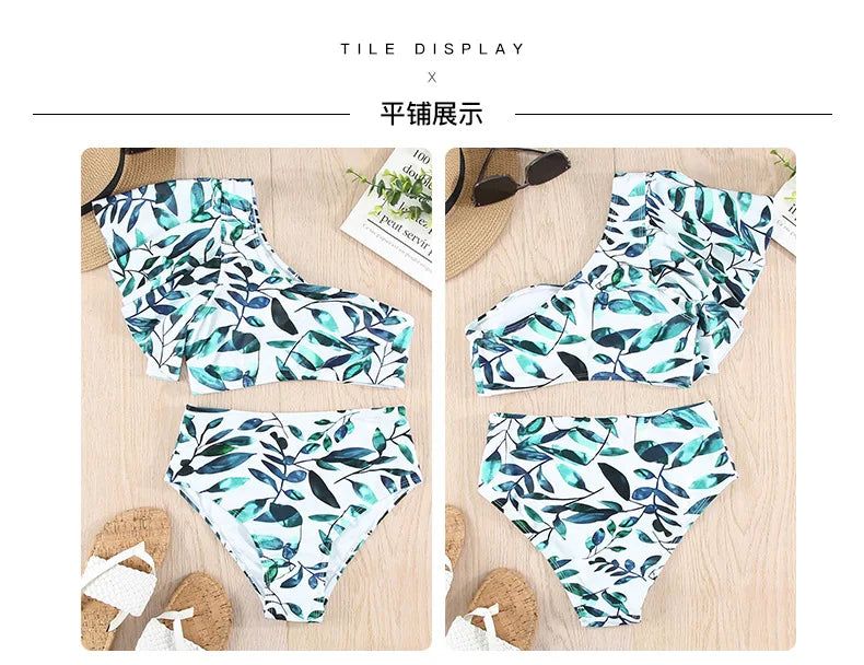 Bikini Flower Print Swimsuit  Vacation One-shoulder Flounces Split  High-waisted 2 Pieces Swimwear