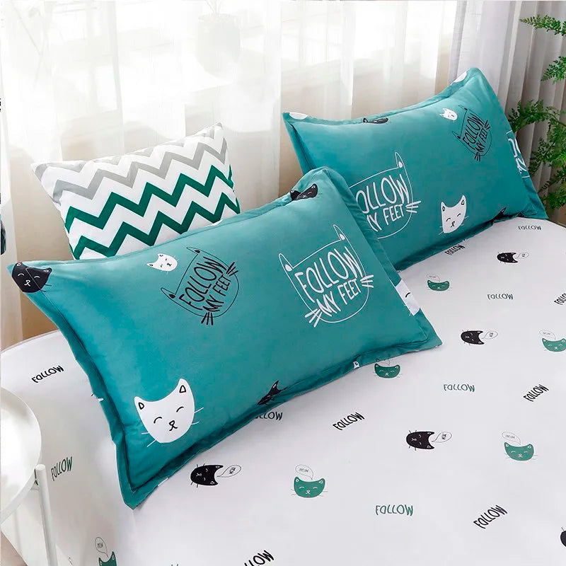 Solstice Home Textile Cyan Cute Cat Kitty Duvet Cover Pillow Case Bed Sheet Boy Kid Teen Girl Bedding Covers Set King Queen Twin