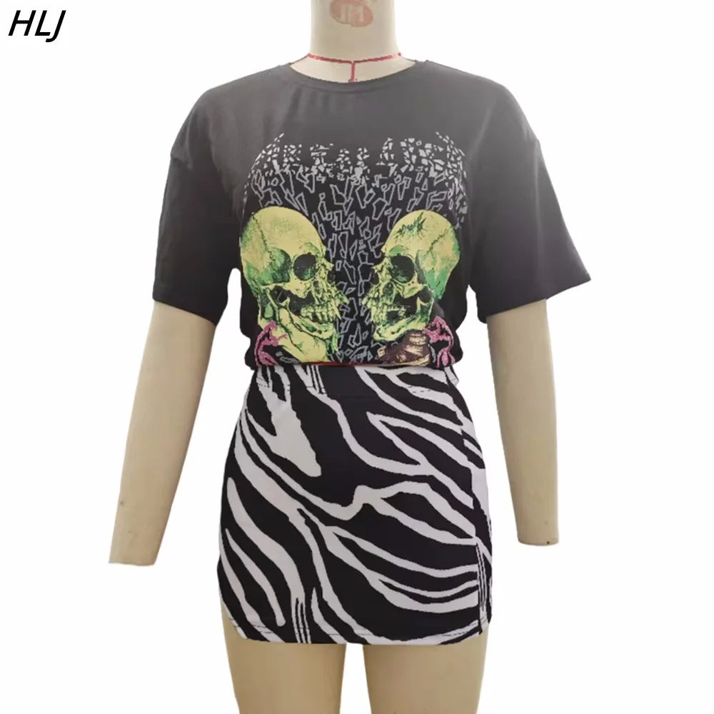 HLJ Fashion Y2K Streetwear Women Pattern Print Round Neck Short Sleeve Tshirt And Mini Skirts Two Piece Sets Summer 2pcs Outfits