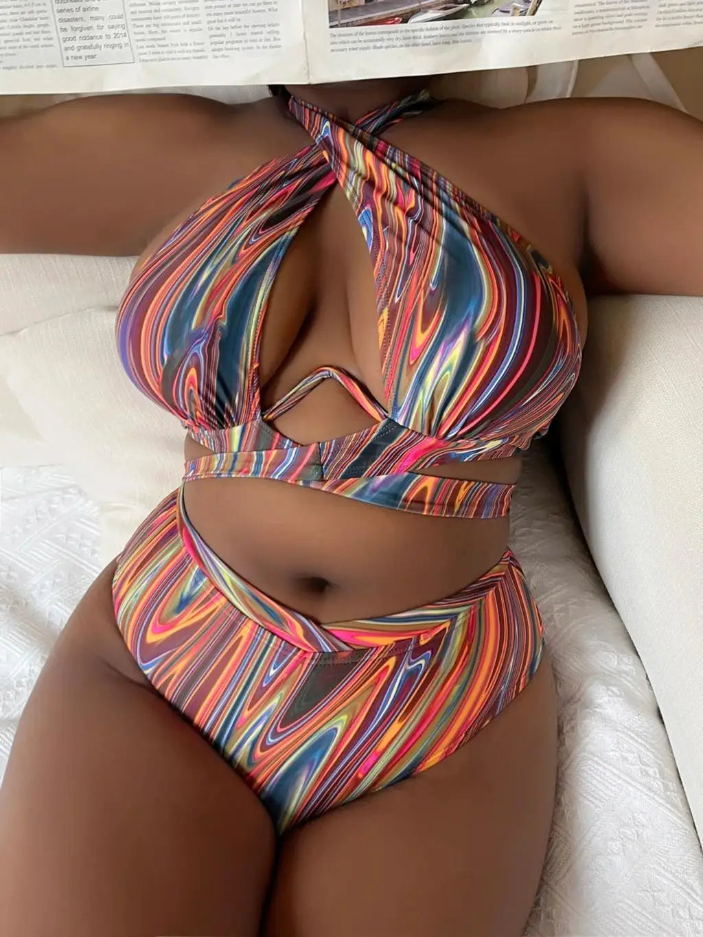 Bikini Printed Swimsuit Women Plus Size Swimwear Female High Waist  Beachwear