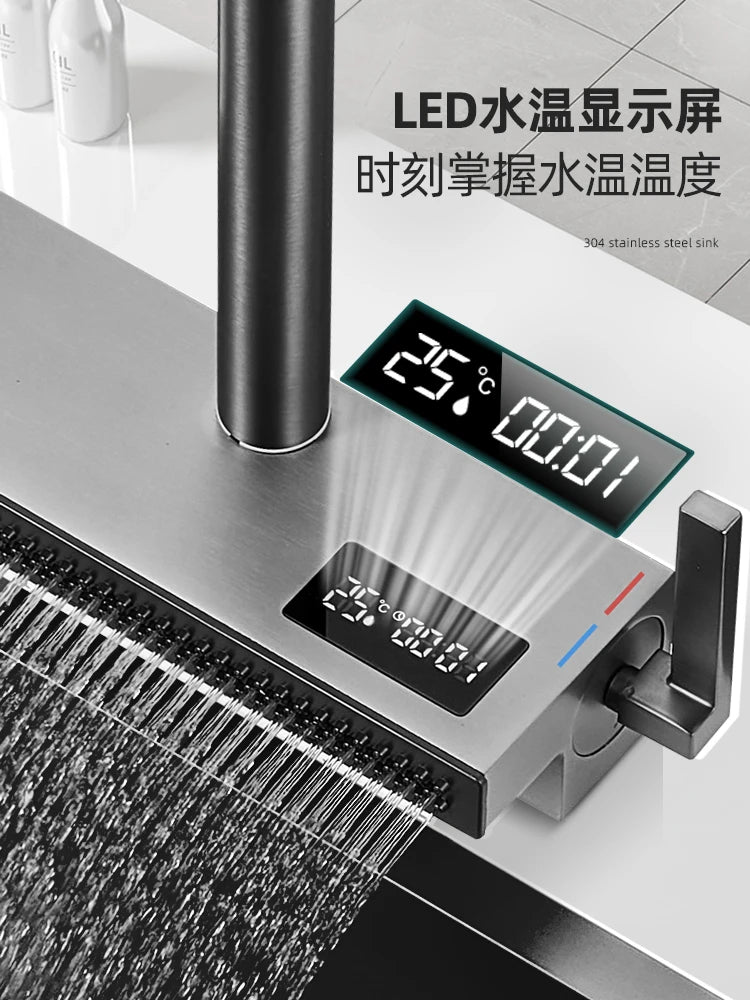 Stainless steel nanometer black sink large single trough digital display waterfall household kitchen wash basin embedded platfor