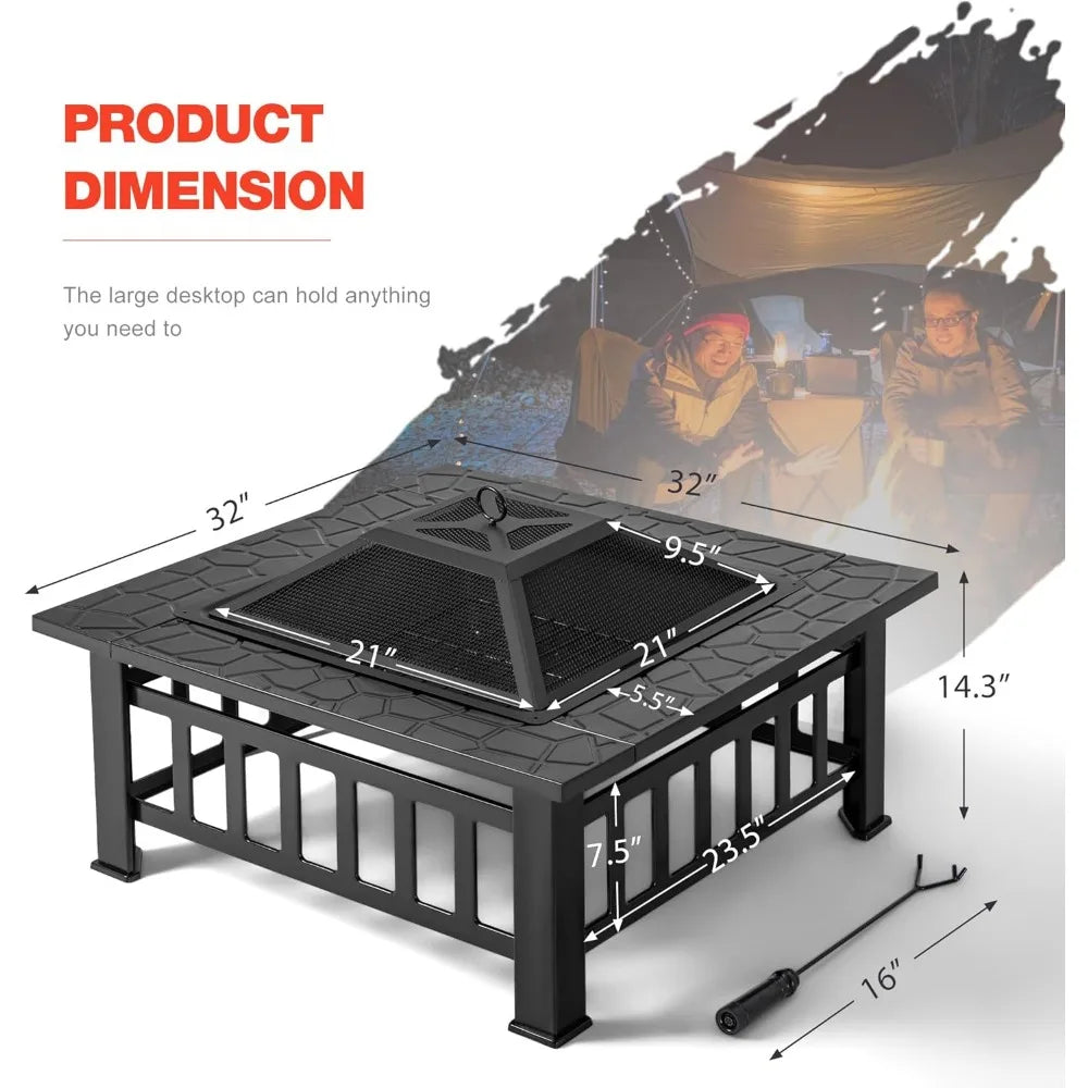 Fire Pit 32 Inch Outdoor Firepit Table Metal Fireplaces for Outside Patio