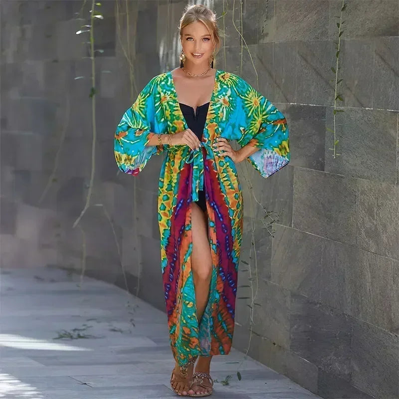 Bohemian Printed Summer Beach Wear Bikini Wrap Dress Tunic Summer Women Swimsuit Cover-ups