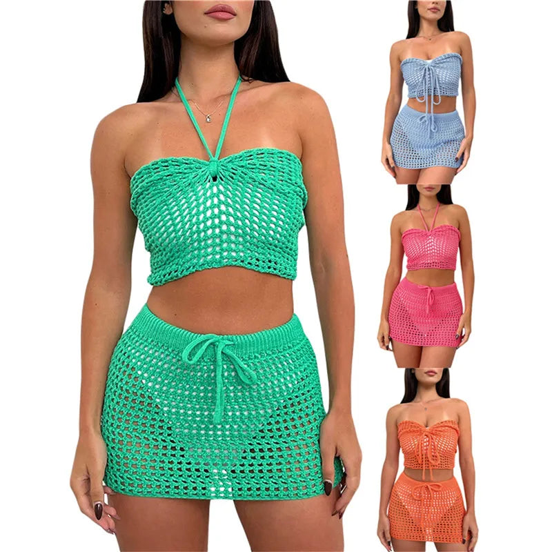 Mesh Knitted Cover Ups Sets Sleeveless Off Shoulder Hollow Out Crop Top+Bodycon Mini Skirts Sets Beach Swimming Summer Outfits