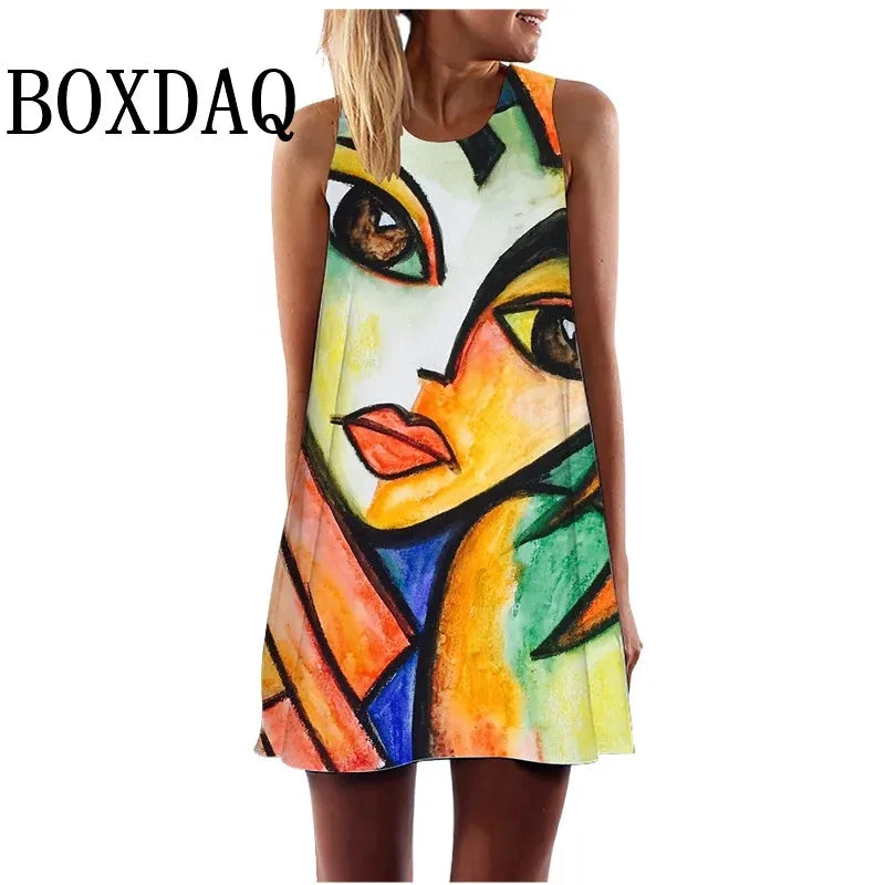 Dress Abstract Face Art Printed O-Neck Sleeveless Mini Dress Casual Loose Sweet A-Line Sundress