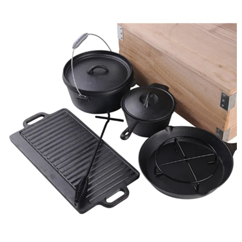 Cast Iron Camping Oven Set 7pcs Dutch Oven Cooking Set Skillet Pot Pan Griddle Stand Lid Lifter