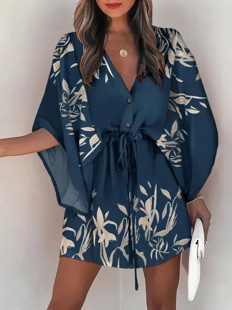 V-neck Flared Sleeve Cover Up For Woman Navy Loose Lace Up Holiday Beach 2024 Summer  Dress Beachwear Vestidos Verano Moda 2024