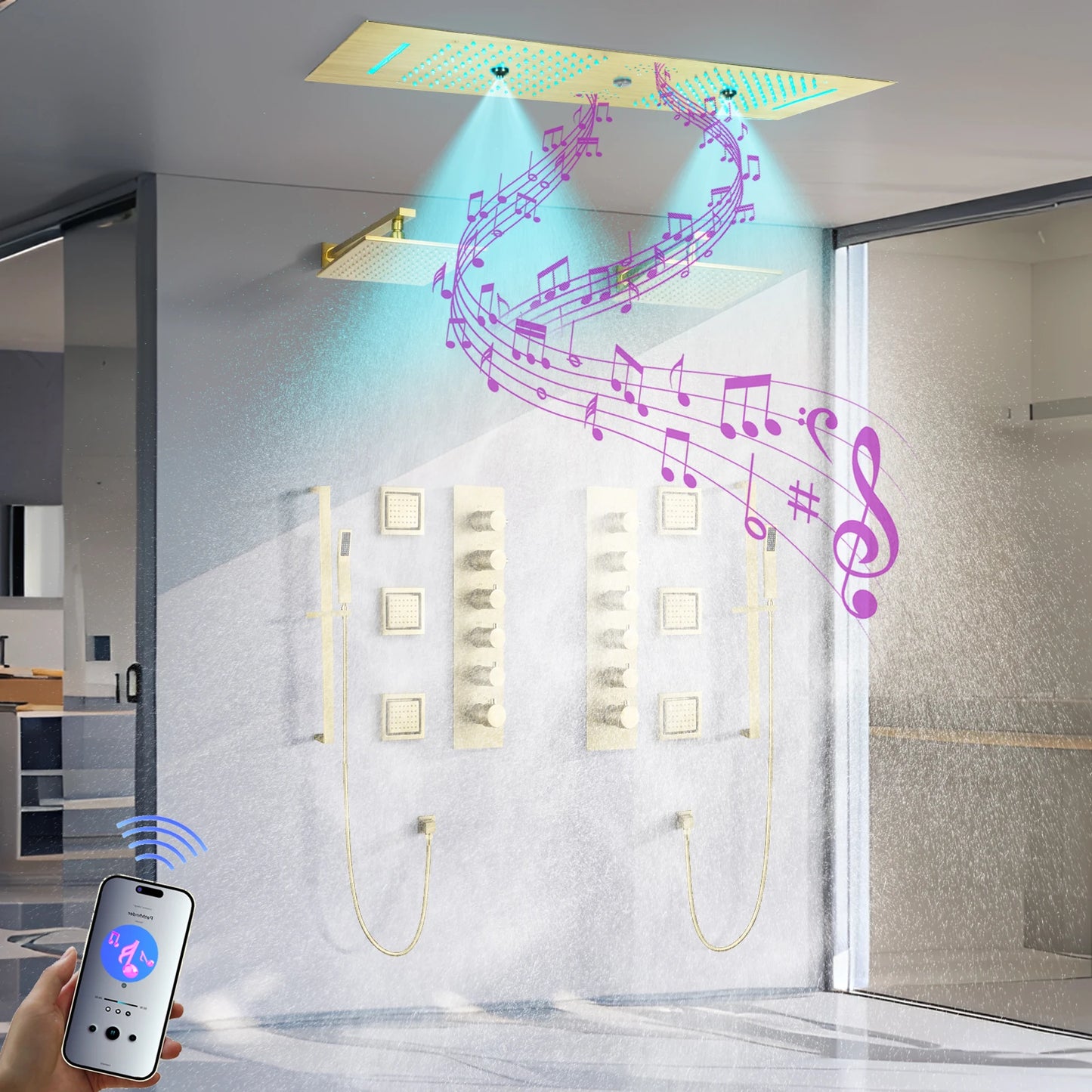 Ceiling Embedded 36*12inch Led Shower Head with Music Speaker Rain Waterfall Mist Bathroom Thermostatic Shower Faucet Set