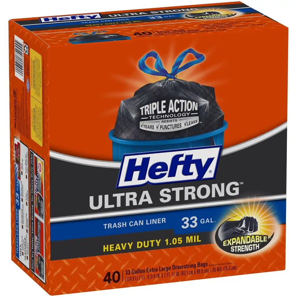 Hefty Ultra Strong Multipurpose Large Trash Bags, Black, Unscented Scent, 33 Gallon, 40 Count