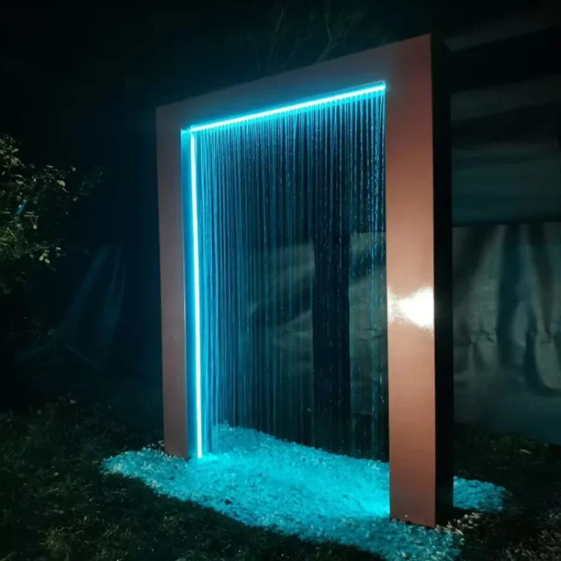 Customized Metal Rain Curtain Outdoor Garden Ornaments Corten Steel Garden Waterfall Water Fountain with LED Light