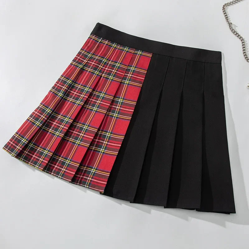 Gothic Patchwork Skirt Goth Vintage Harajuku Red Haig Black and White Plaid Patchwork Punk Pleated Skater Skirts