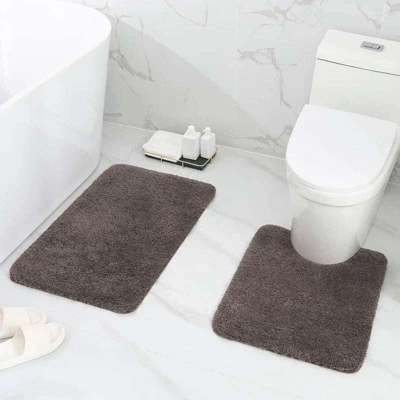 Olanly 2Pcs Bath Mat Set Soft Fluffy Plush Bathroom Floor Mats Carpet Shaggy Absorbent Shower Rug Non-Slip U-Shaped Toilet Rug