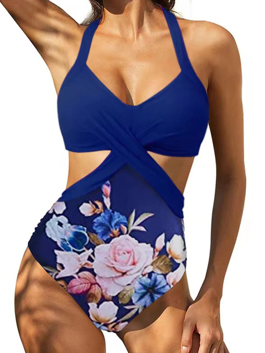 Solid Monokini 2023 Hollow One Piece Swimsuit Back Cross Lace Up Swimwear Women Padded Bathing Suit Printed Beachwear Bodysuit