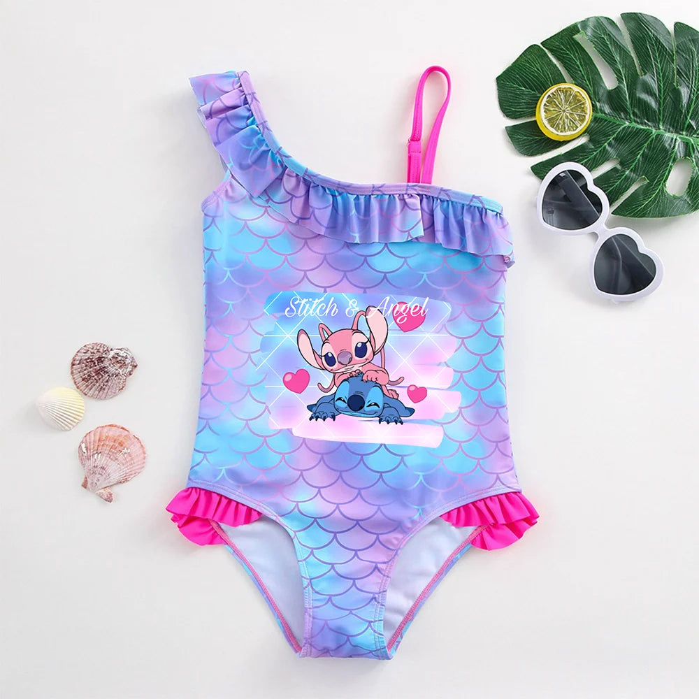 Stitch Girls Swimsuit Fashion Mermaid Fish Scale One-Piece Bathing Suits Children's Dresses Summer Swimwear Beach Suit Kids Wear