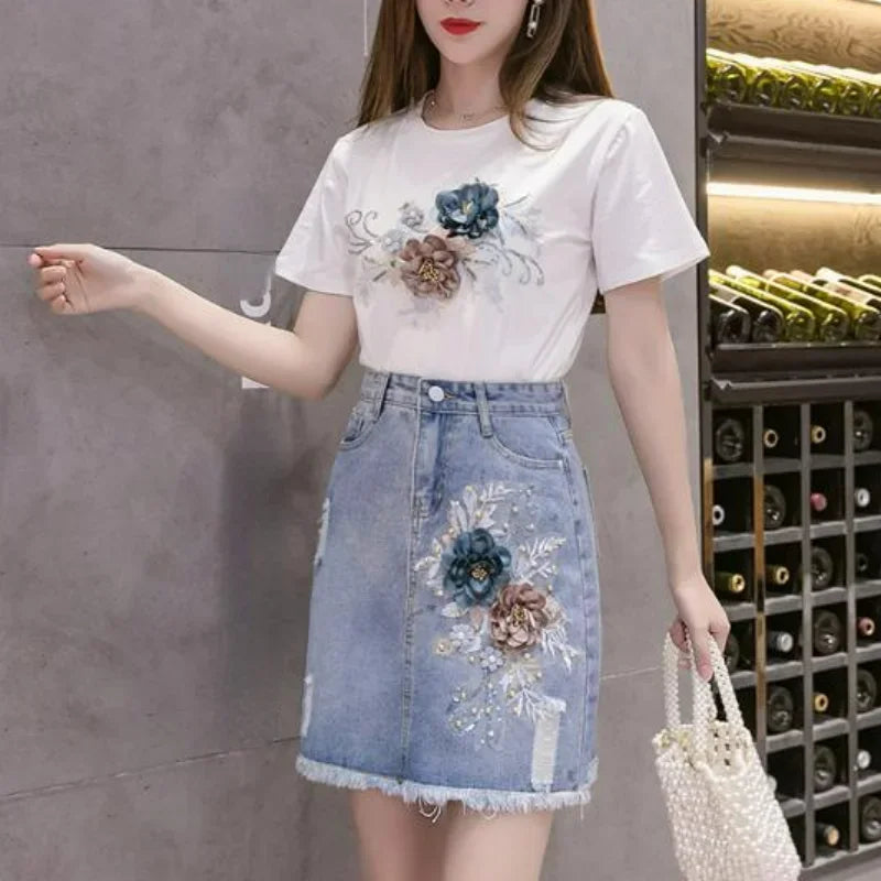 O Neck Short Sleeve 3D Floral Top Suit+high Waist Slim Embroidery Beading Hole Denim Skirt Outfits Y2k Summer Set Women 2 Pieces