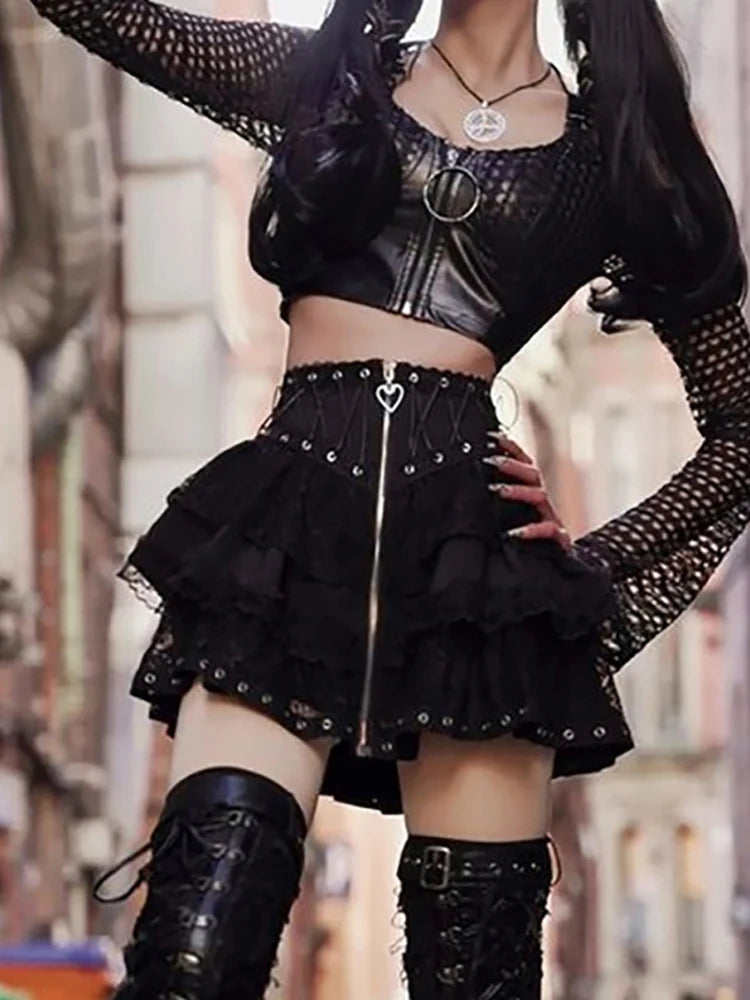 Goth Dark Lace Patchwork Mall Gothic Pleated Skirts Grunge Aesthetic Punk Bandage Zip Up Mini Skirt Women Streetwear Alt Clothes