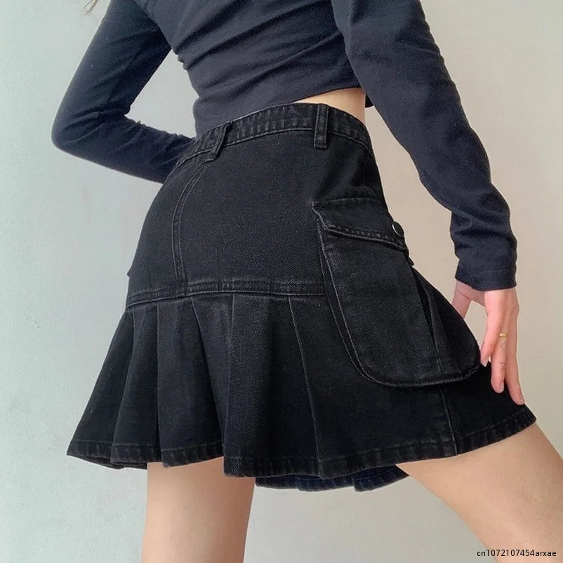 Goth Y2K Skirt Mujer High Waist Jeans Skirts E-girl Aesthetics Black Denim Pleated Skirts With Big Pockets Grunge Punk