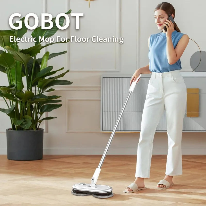 GOBOT Electric Mop with Motorized Dual Spinning Mopheads, Lightweight & Rechargeable,4 Microfiber Pads & 2 Floor Scrubber Pads