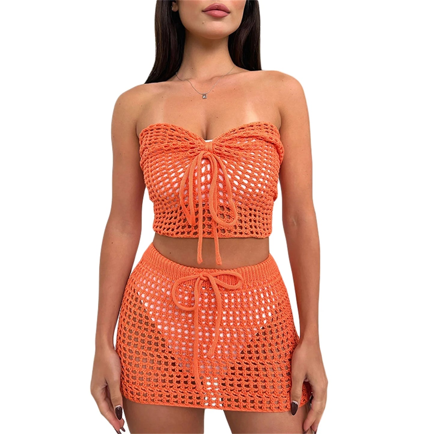 Mesh Knitted Cover Ups Sets Sleeveless Off Shoulder Hollow Out Crop Top+Bodycon Mini Skirts Sets Beach Swimming Summer Outfits