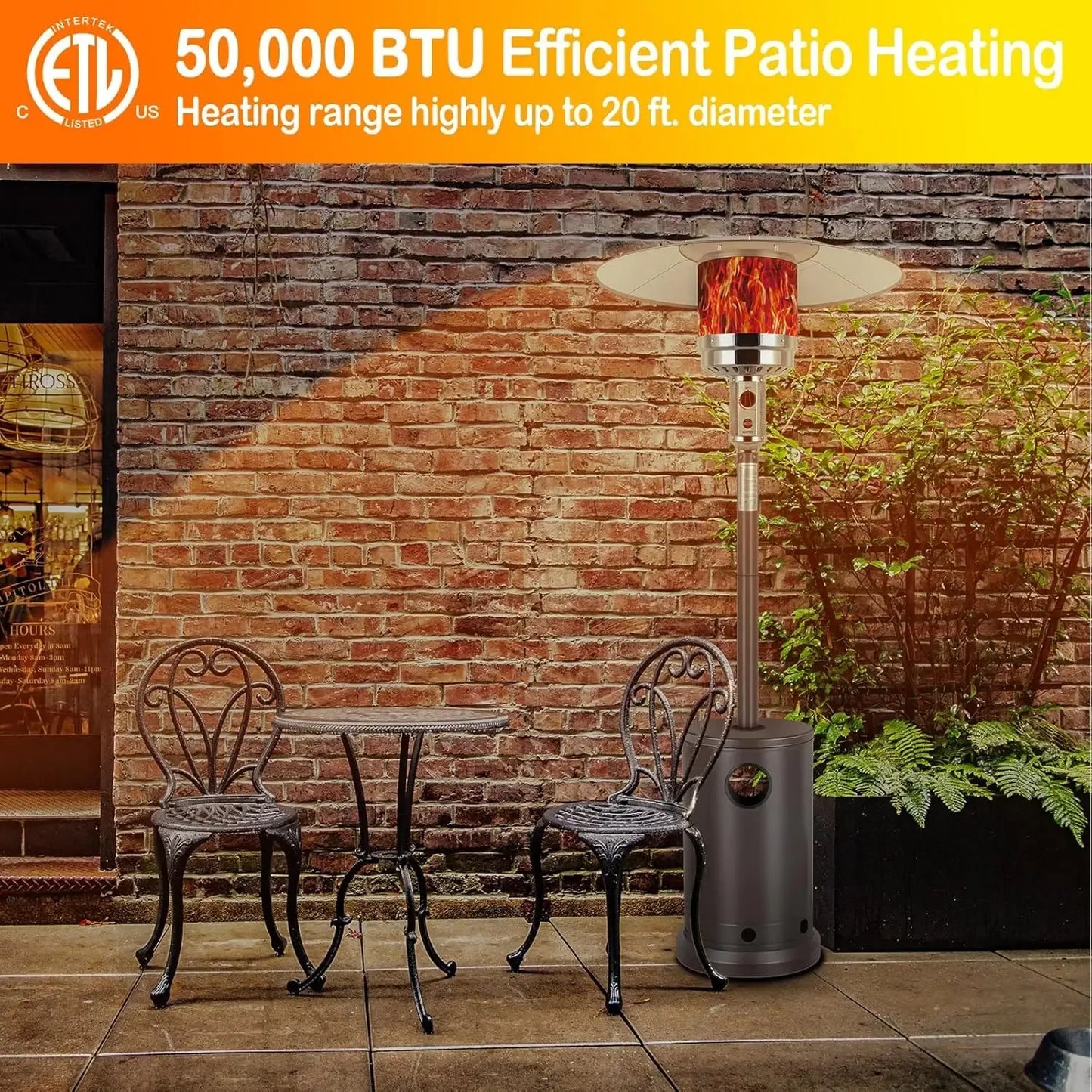 50,000 BTU Propane Patio Heater with Table Design, Stainless Steel Burner, Triple Protection System, Wheels, Outdoor Heaters