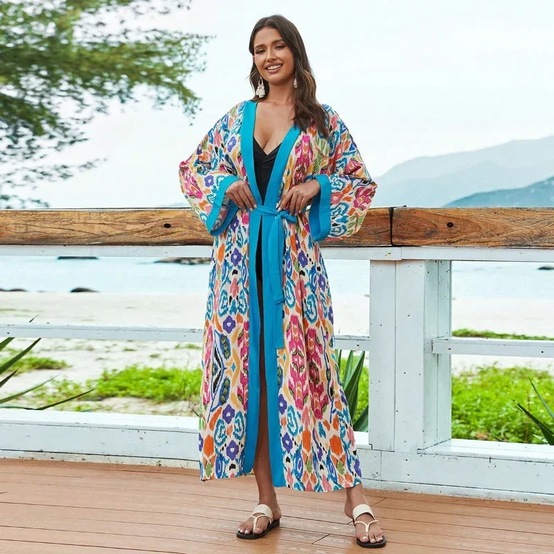 Bohemian Printed Summer Beach Wear Bikini Wrap Dress Tunic Summer Women Swimsuit Cover-ups