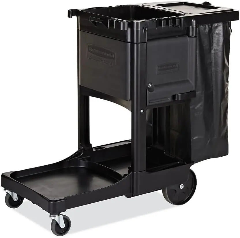 Executive Series Janitorial and Housekeeping Cleaning Cart with Locking Cabinet, Wheeled with Zippered Black Vinyl Bag, Black