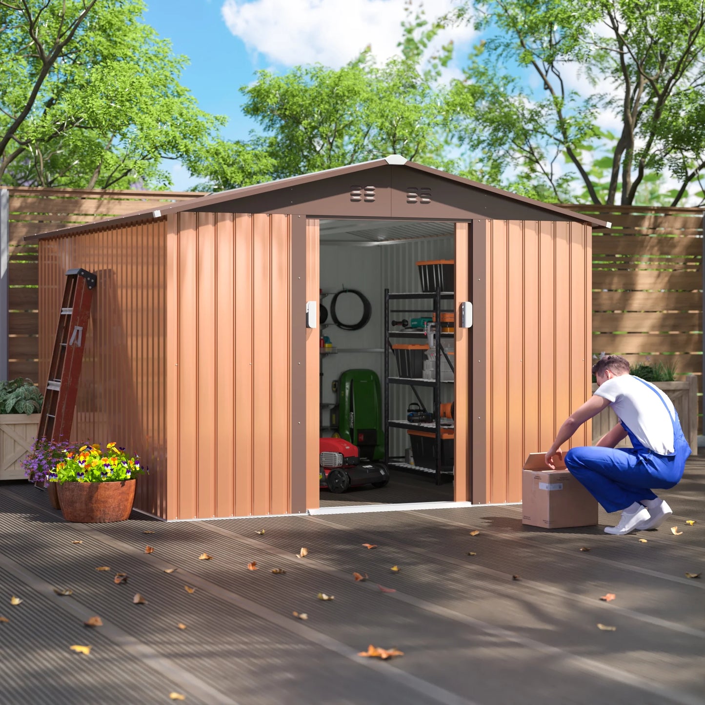 9.1 X 10.5 Ft. Outdoor Metal Storage Shed, Tool House with Lockable Sliding Doors, Vent for Garden Backyard Patio Lawn, Brown