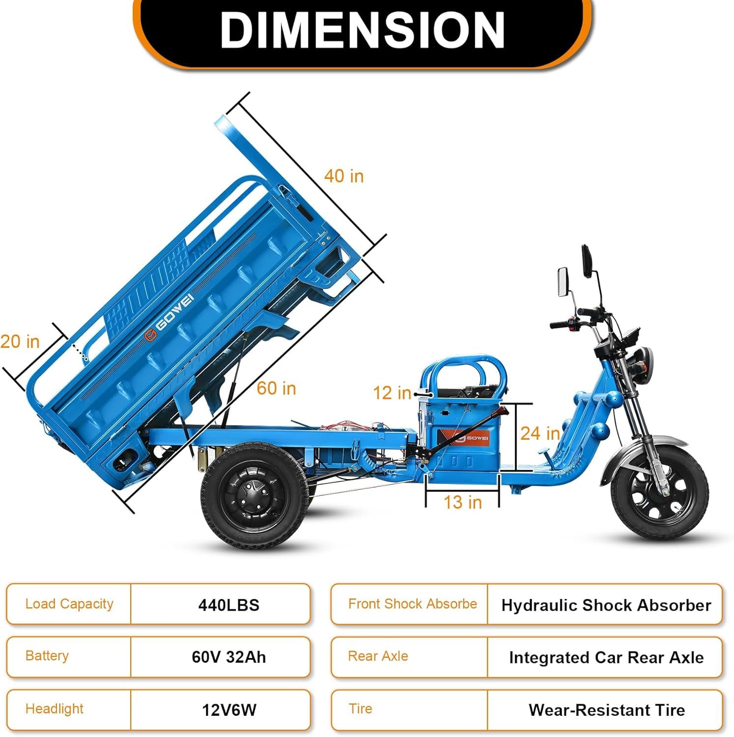 Electric Tricycle with Tipping Bucket, Electric Trike Motorized 3-Wheel with Loading Car Hopper, 60V 32Ah Electric E-Trike Utility Task Vehicle up to 440 LBS