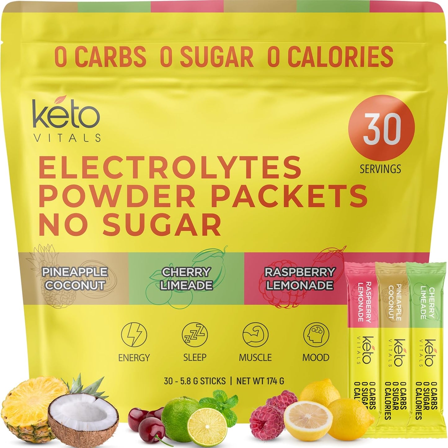 Tropical Keto Electrolyte Powder No Sugar - Keto Electrolytes Powder Packets with Potassium, Magnesium, Sodium, & Calcium - Sugar Free Electrolyte Drink Mix & Hydration Powder, 30 Serving