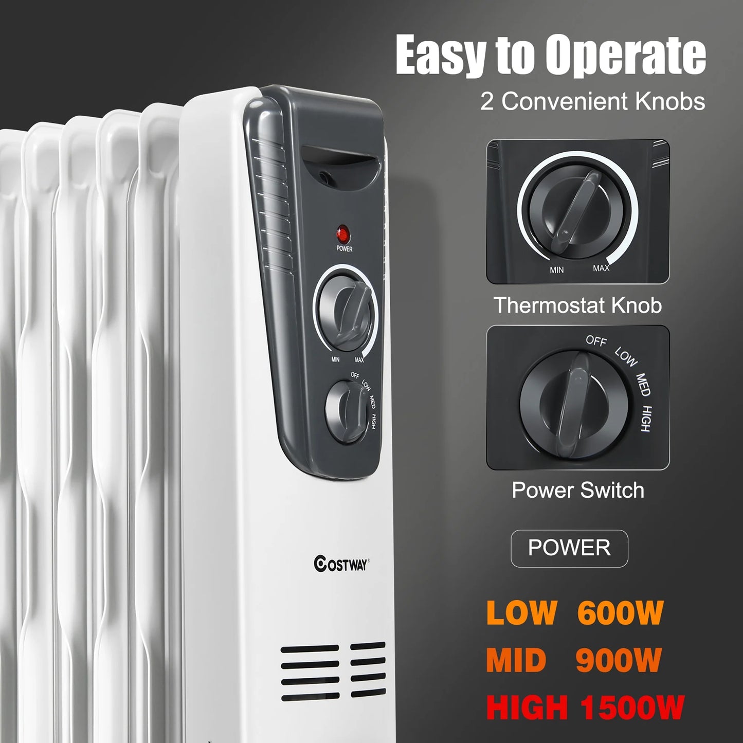 1500W Electric Oil Filled Radiator Space Heater 5.7 Fin Thermostat Room Radiant