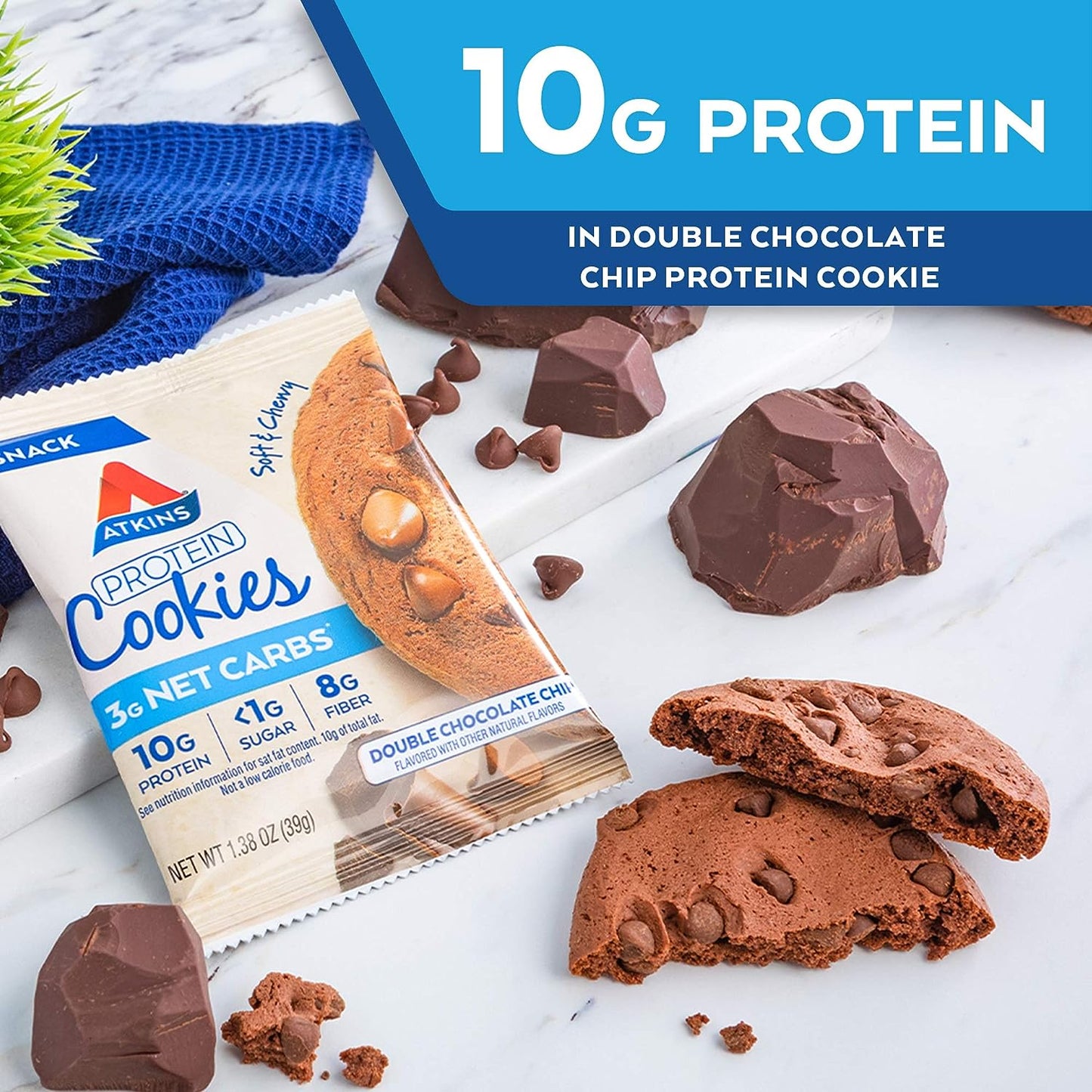 Double Chocolate Chip Protein Cookie, Protein Dessert, Rich in Fiber, 3G Net Carbs, 1G Sugar, Keto Friendly, 4 Count