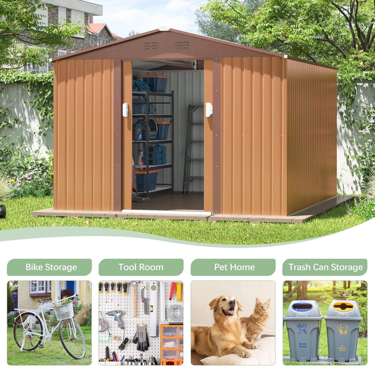 9.1 X 10.5 Ft. Outdoor Metal Storage Shed, Tool House with Lockable Sliding Doors, Vent for Garden Backyard Patio Lawn, Brown