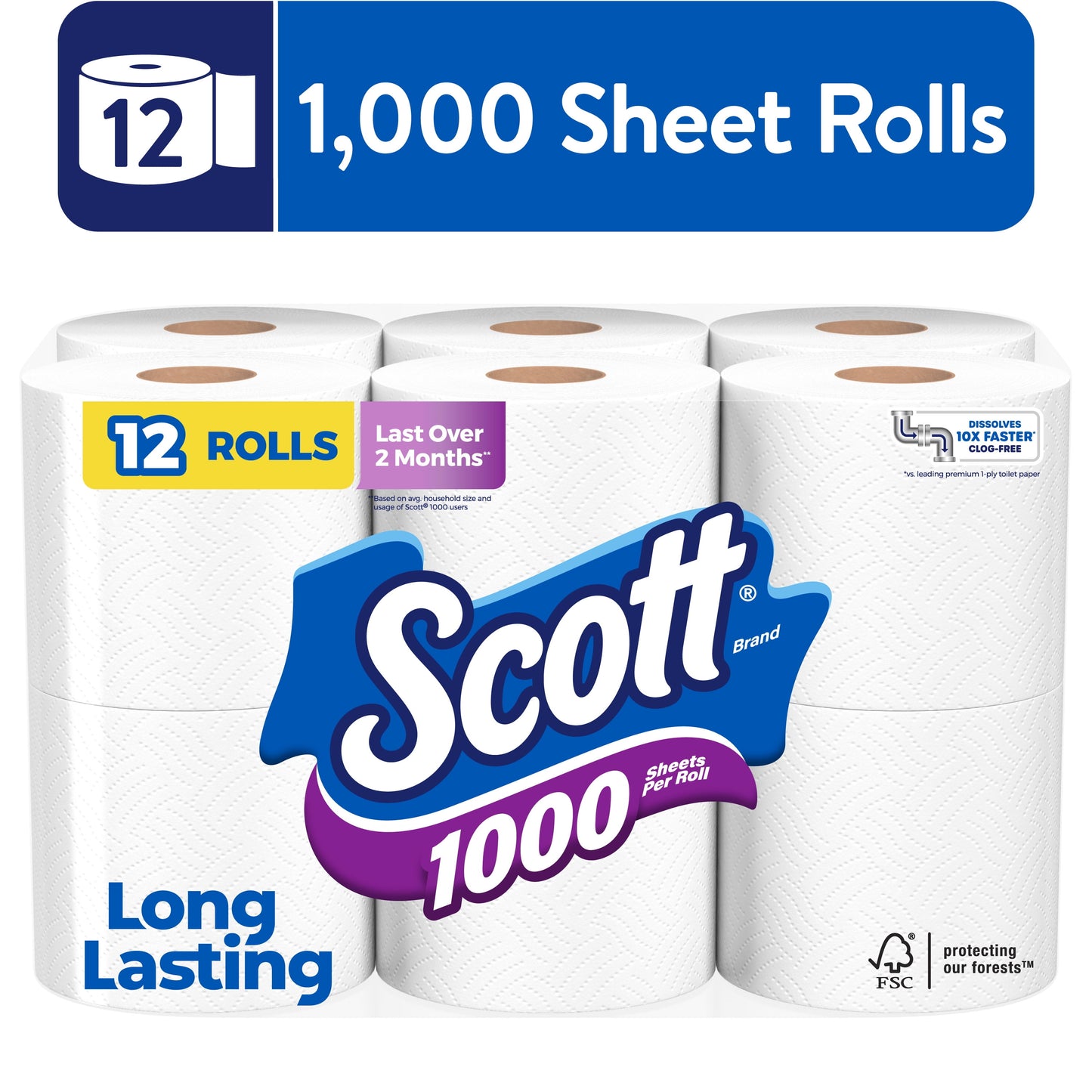 (4 Pack)  1000 Toilet Paper, 12 Rolls, 1,000 Sheets per Roll