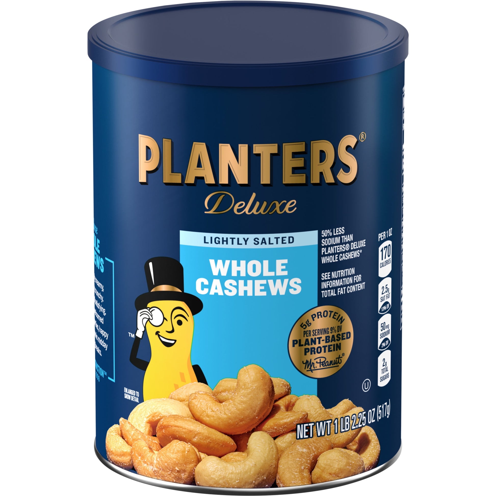 Deluxe Lightly Salted Whole Cashews, Party Snacks, Plant-Based Protein 18.25Oz (1 Canister)