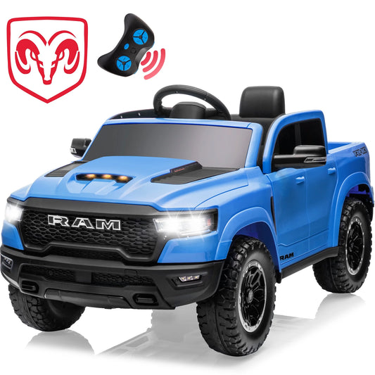 12V Ram Ride on Car Toys for Kids, Licensed Ram 1500 Ride on Truck Toy with Parent Remote Control, Electric Car for Boys Girls 3-5 W/Bluetooth, Rear Storage Trunck, Safety Belt, 4 Wheelers, Blue